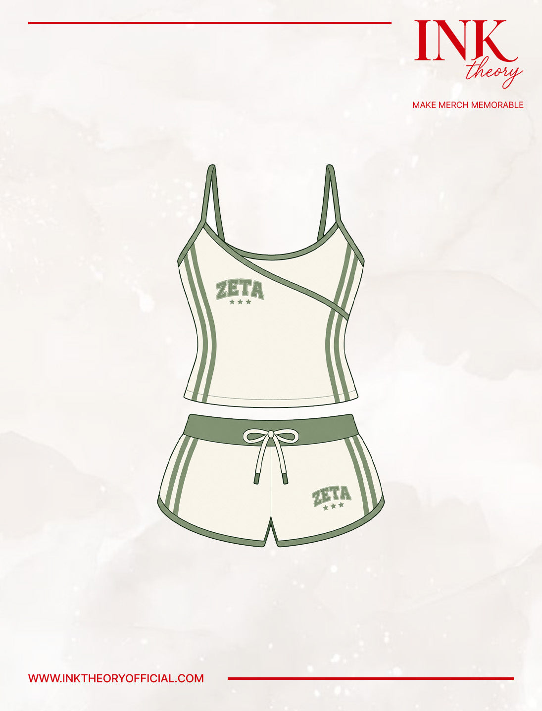 Cream & Green V-Wrap Tank Booty Shorts Set