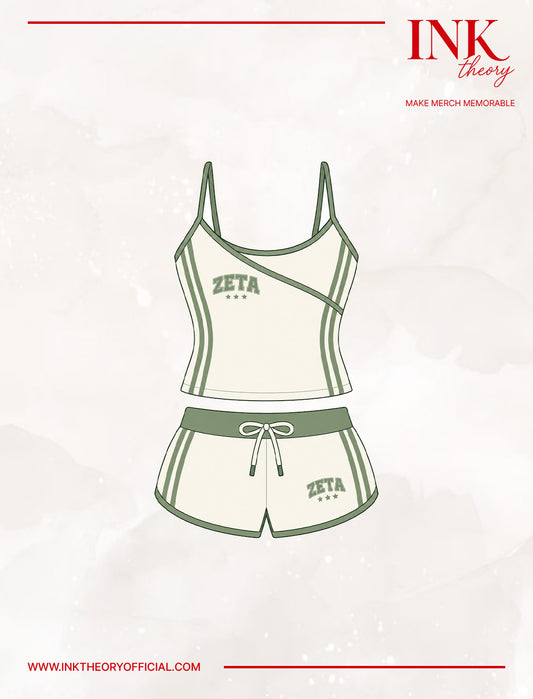 Cream & Green V-Wrap Tank Booty Shorts Set